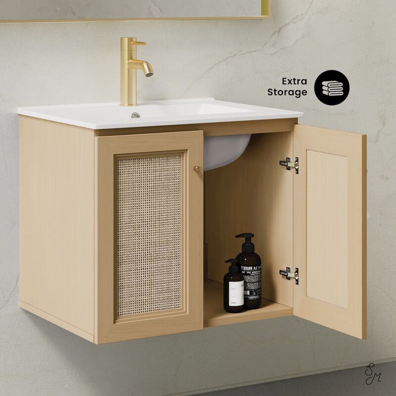 24" Wall-Mounted Bathroom Vanity in Natural Oak, Single Faucet Hole Vanity Top image number 2