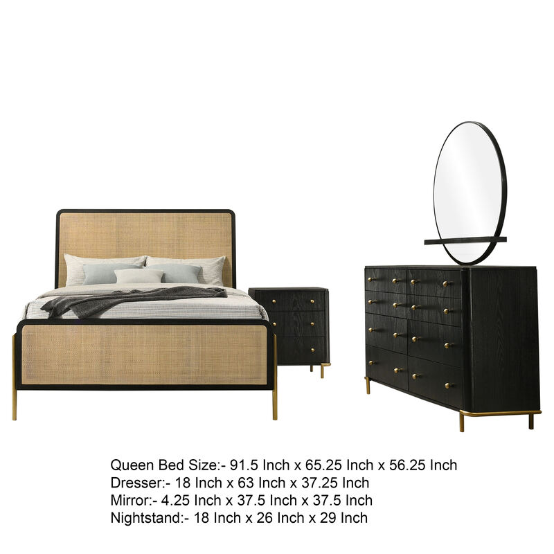Fij 4pc Queen Bedroom Set w Round Mirror, Natural Brown Rattan, Black