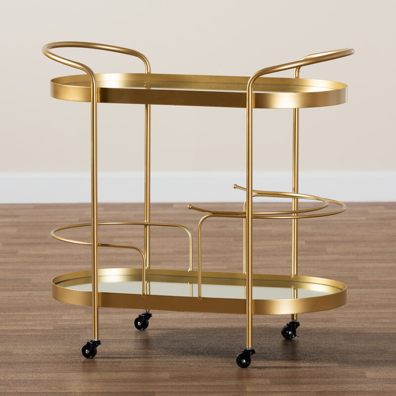 Baxton Studio Kamal Glam Brushed Gold Finished Metal 2 Tier Mobile Wine Bar Cart