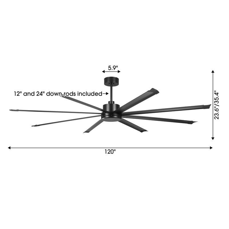 120" Industrial Black Reversible 8 Aluminum Blades Extra Large Ceiling Fan with Remote for Warehouse, garage, or Factory image number 6