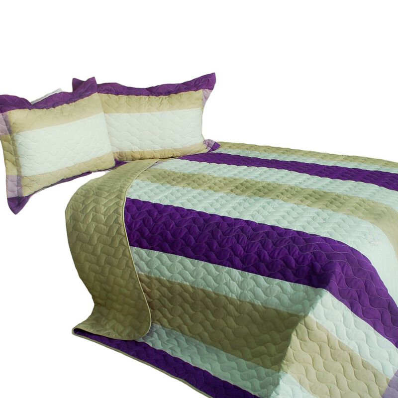 Decorative Waves of Rays Patchwork Quilt Set 3 Piece with Vermicelli Quilting-Purple image number 1