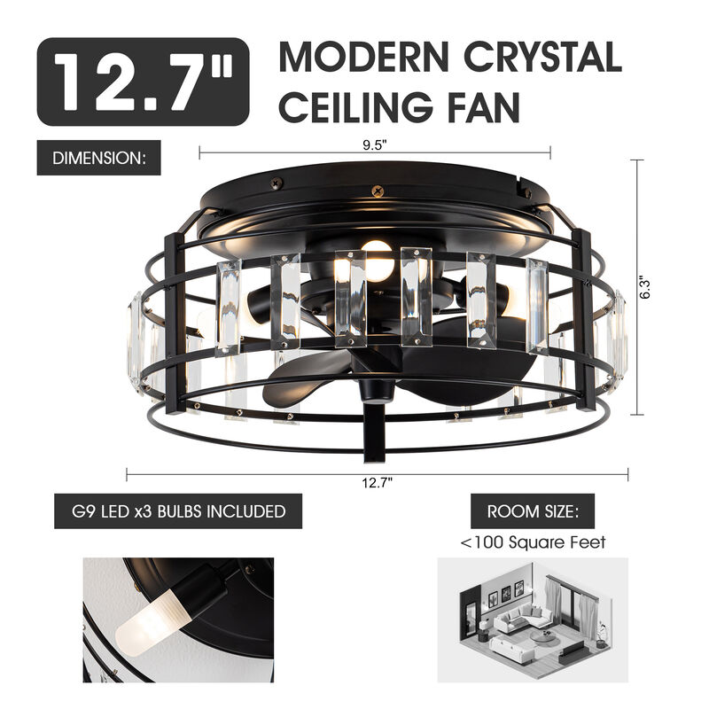 13" Modern Flush Mount Crystal Ceiling Fan with LED Light