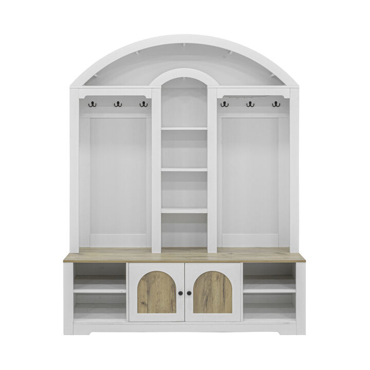 Merax Curved Two-Tone Hall Cabinet with Hooks, Shelves & Shoe Storage &ndash; Scandinavian Design