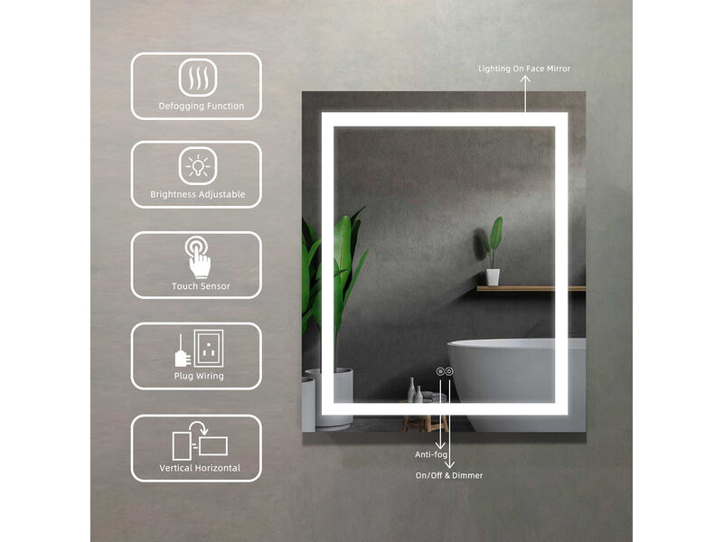 Superior 24 in. W x 30 in. H Rectangular Frameless Anti-Fog Wall Bathroom LED Vanity Mirror in Silver