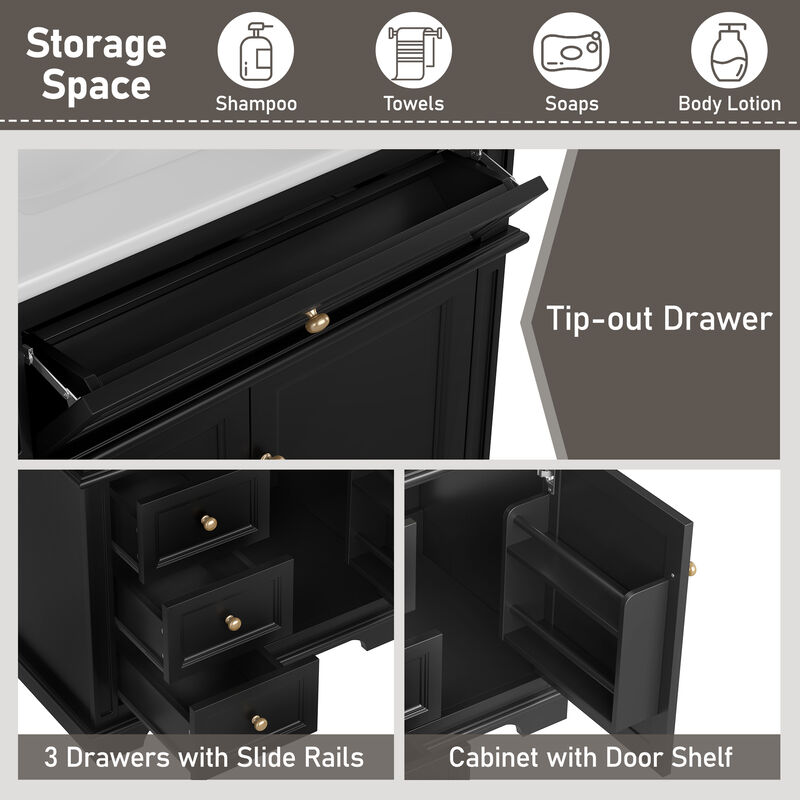 Modern Bathroom Vanity with Sink, Drawers, Tip-Out Storage, and Soft Closing Door