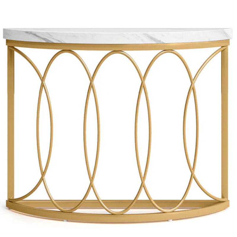 Half Moon Console Table with Faux Marble Top, Sofa Entryway Table-White image number 0