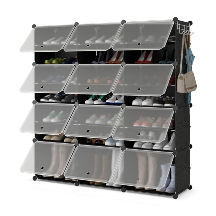 Hivvago 12-Cube 48 Pairs Portable Shoe Shelves with Hook-Black