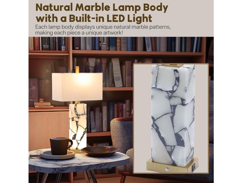 Natural Marble Table Lamps &ndash; Set of 2, 3-Color LED, USB A+C, Nightlight