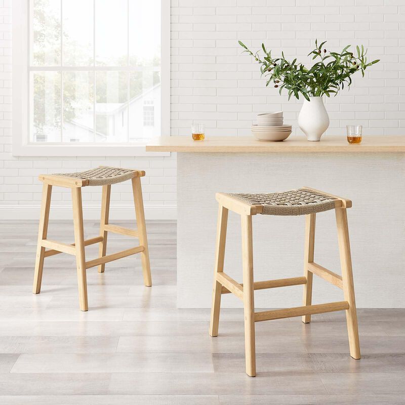 Modway Saoirse Woven Rope Wood Counter Stool - Set of 2 in Natural Natural image number 1