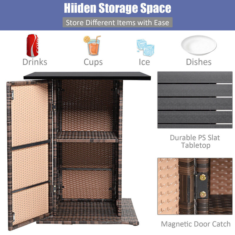 5 Pieces Patio Rattan Bar Table Stool Set Hidden Storage Shelf Cushioned