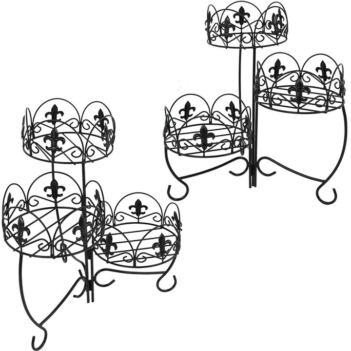 Sunnydaze Black Iron French Lily 3-Tiered Plant Stand - 22 in - Set of 2