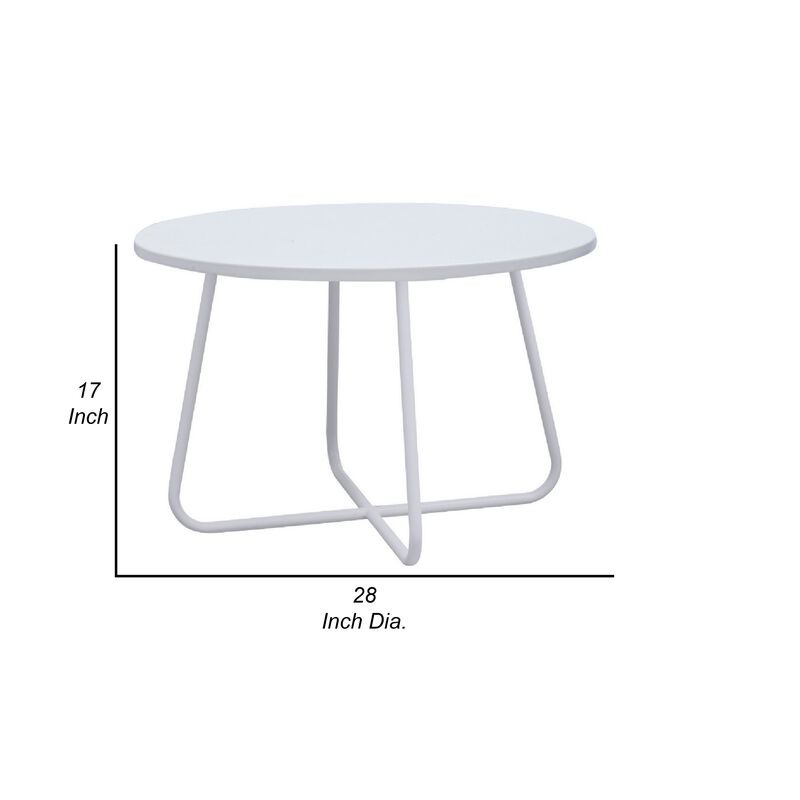 Lei 28 Inch Round Coffee Table, Wood Top in White with White Metal Base