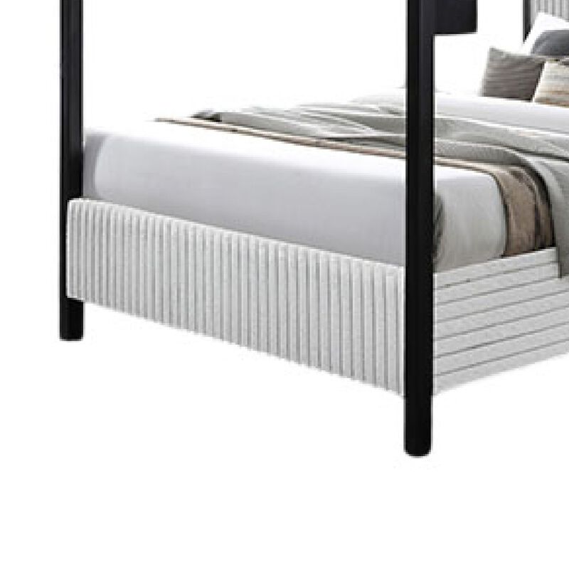 Keri Queen Canopy Bed, Black Slatted Wood Frame, White Upholstery