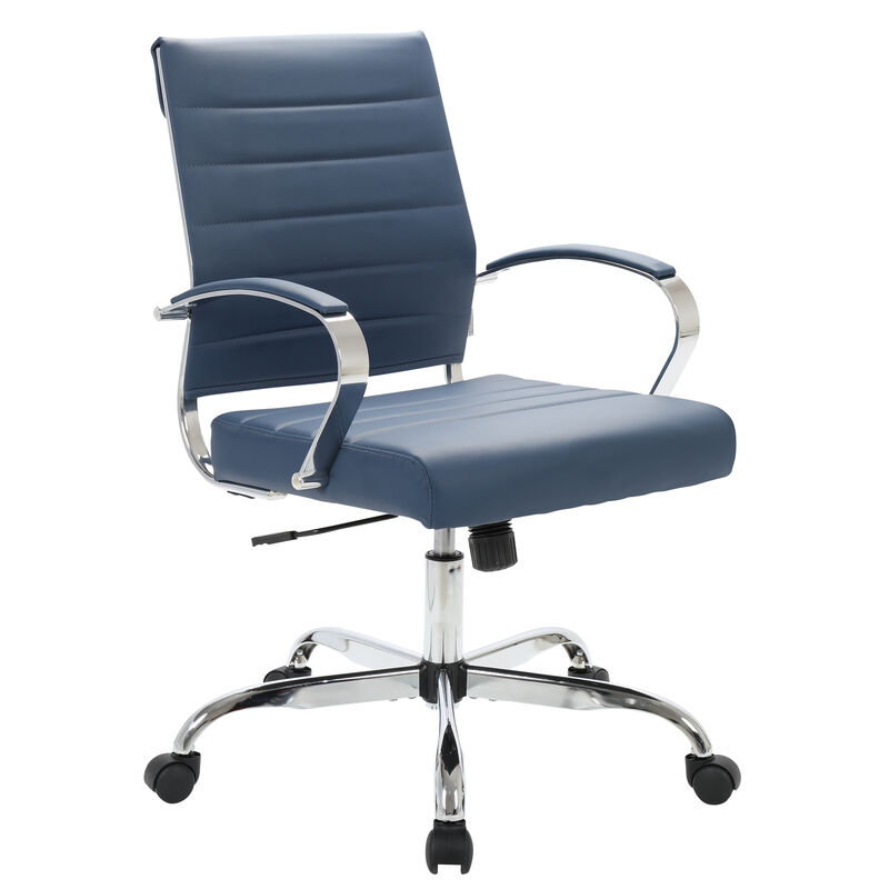 LeisureMod Benmar Mid-Back Office Chair, Leather Upholstery with Swivel, Tilt, and Chrome Base, Modern Desk Seating for Home Office or Conference Room