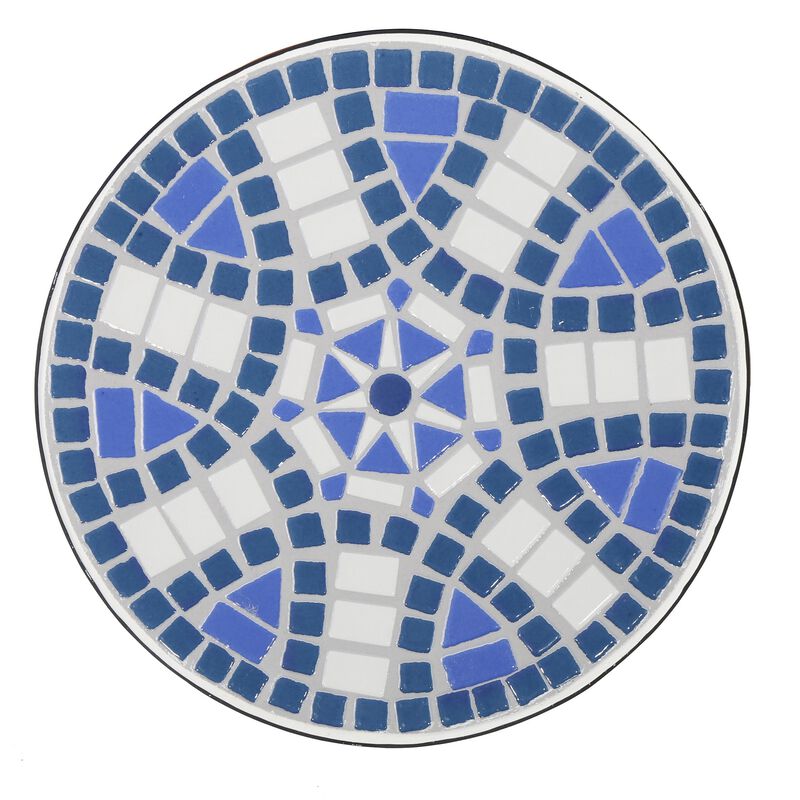 Outdoor Side End Table, 14 Inch Round Blue, White Mosaic Ceramic Top - Benzara image number 3