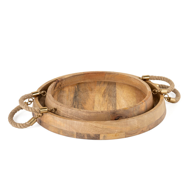 HomeRoots Set of Two Brown Round Solid Wood Serving Trays With Handles image number 3