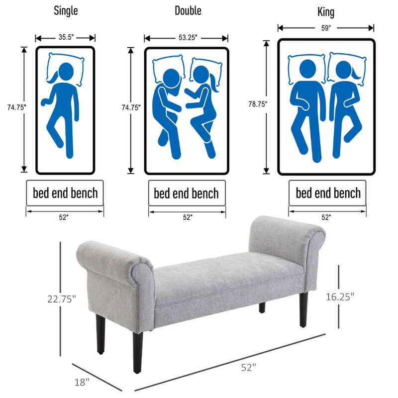 Light Grey Seating: 52" Linen Ottoman Bench with Armrests
