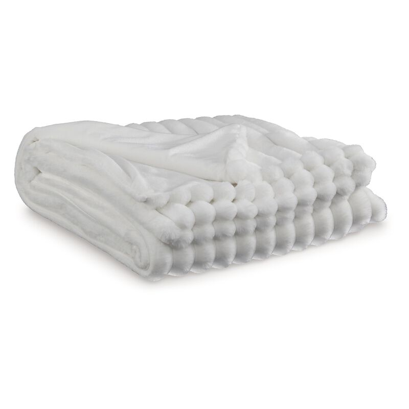 Visha Throw Blanket, Jacquard Faux Fur Stripes, Modern White Polyester - Benzara