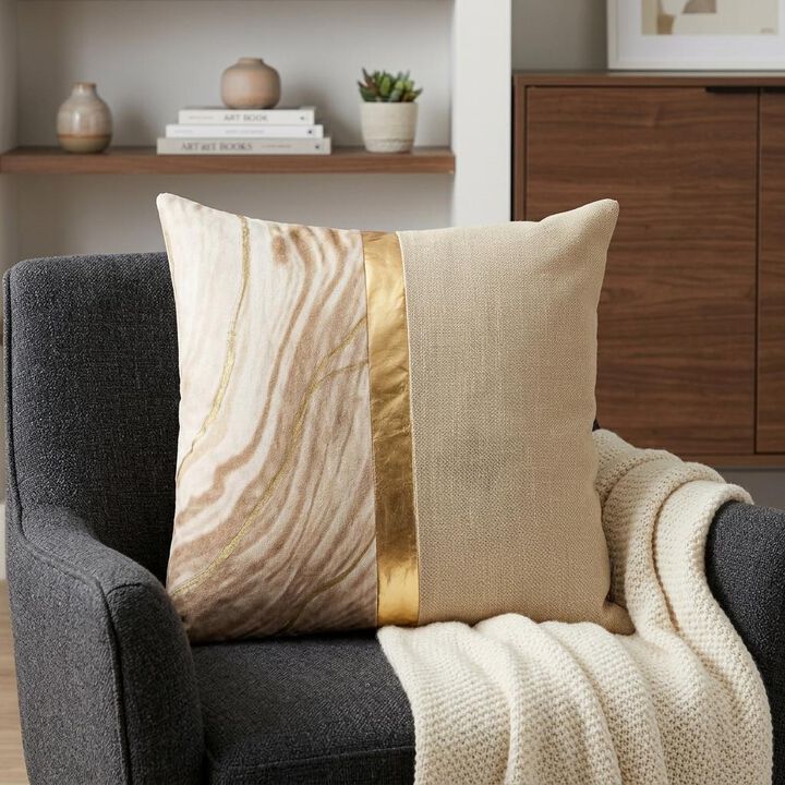 HomeRoots 20" Beige and Gold Striped Cotton Blend Throw Pillow