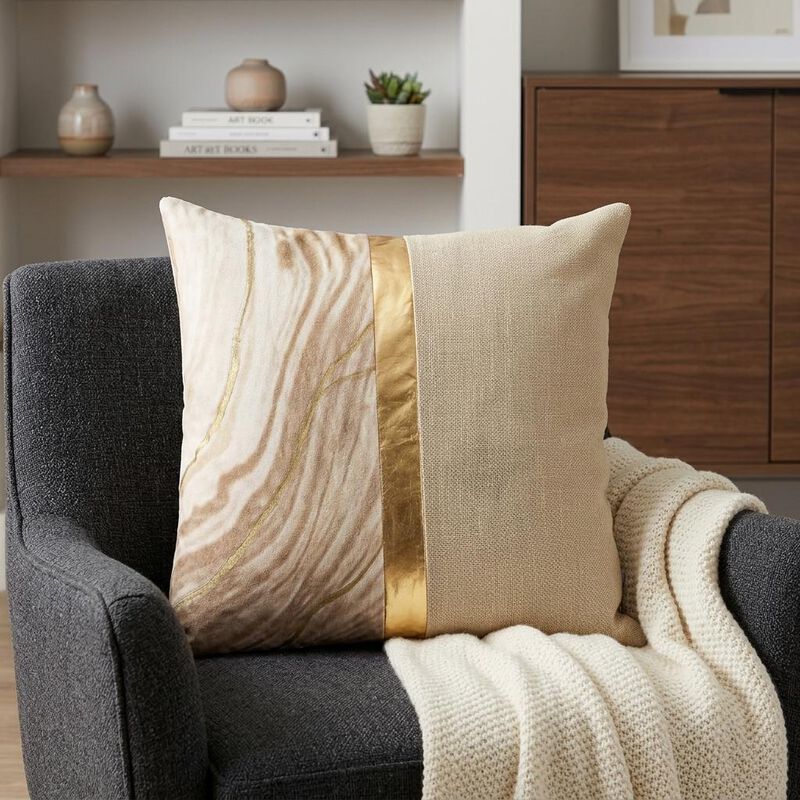 HomeRoots 20" Beige and Gold Striped Cotton Blend Throw Pillow image number 1