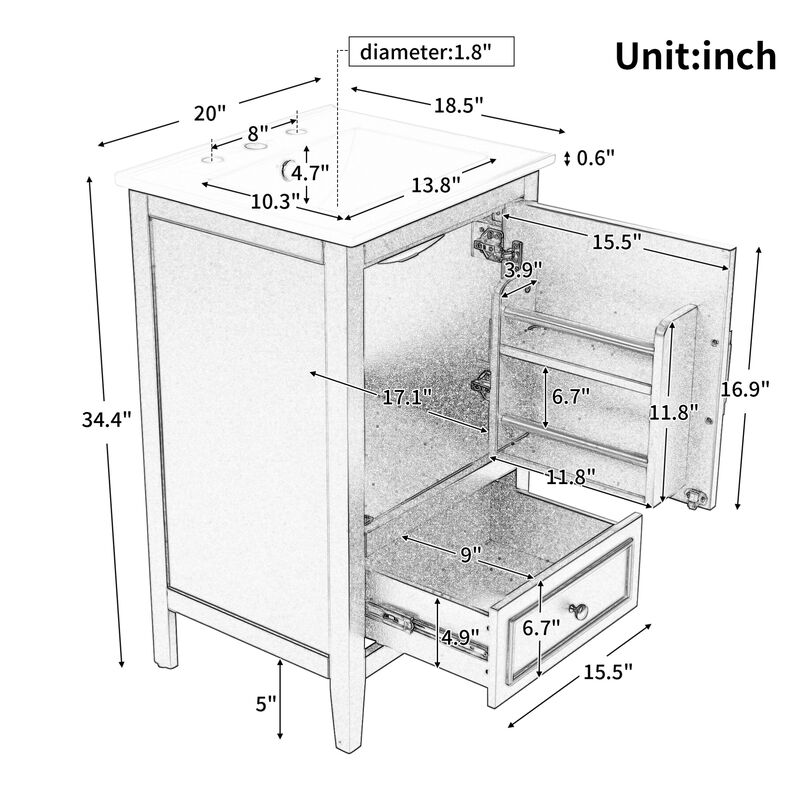 ELEMENT ACE Modern 20-Inch Freestanding Bathroom Vanity with Ceramic Sink and Ample Storage Cabinet image number 2