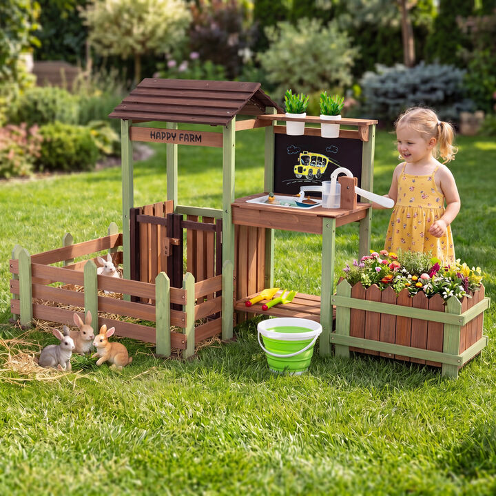 Kids Wooden Farm Playset with Planter Box and Water Faucet