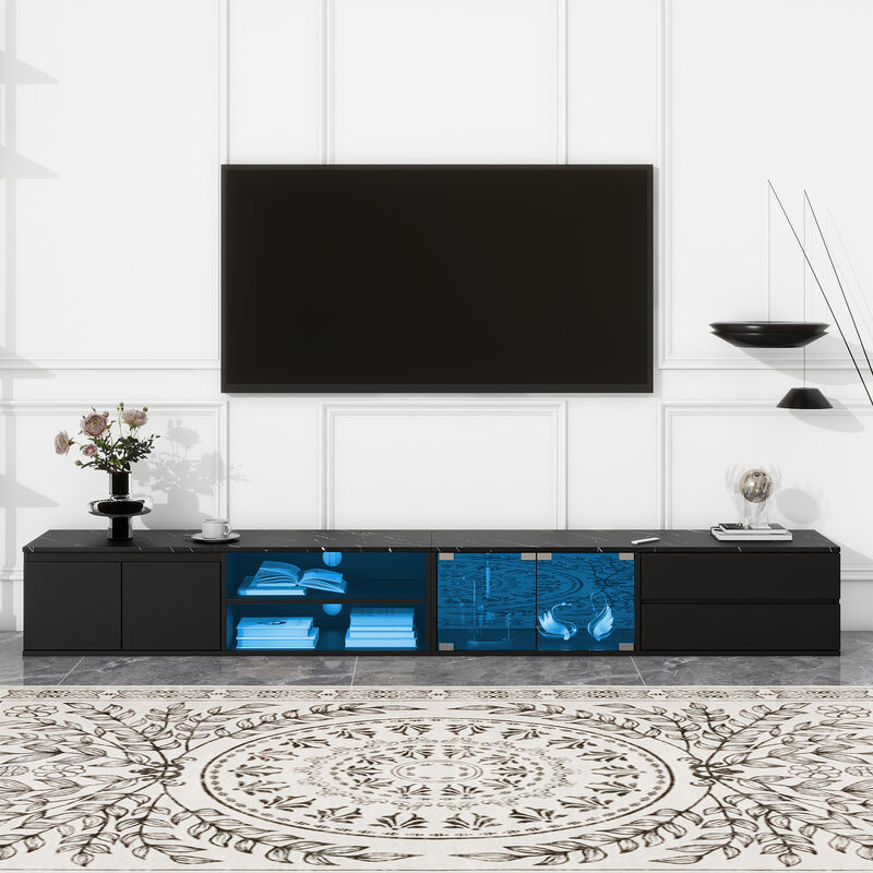 Clihome Modern APP Controlled LED TV Stand for TVs Up to 105'', Faux Marble Tabletop Media Console with Tempered Glass Doors, Entertainment Center with 2 Drawers & Cabinets for Living Room image number 2
