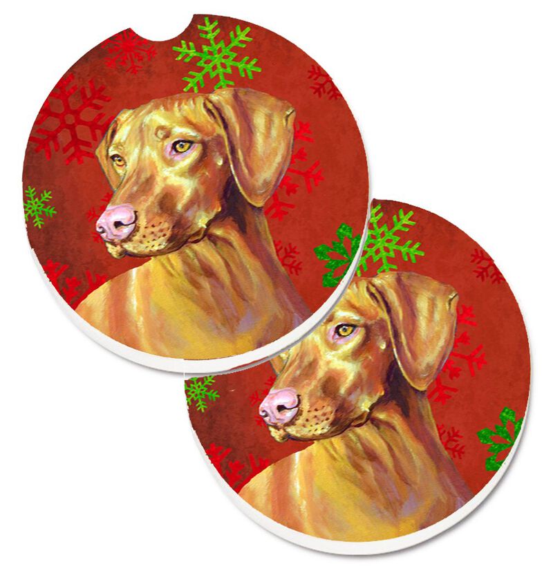 Caroline's Treasures Vizsla Red & green Snowflakes Holiday Christmas Set of 2 Cup Holder Car Coasters LH9325CARC, 2.56, Multicolor image number 0