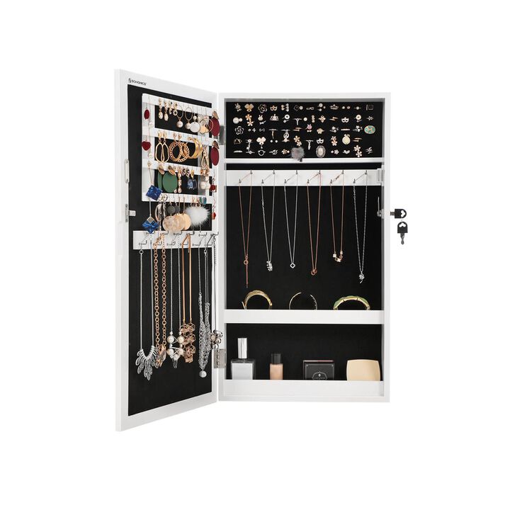 Lockable Jewelry Cabinet Armoire Wall-Mounted Space-Saving Organizer with Mirror in White