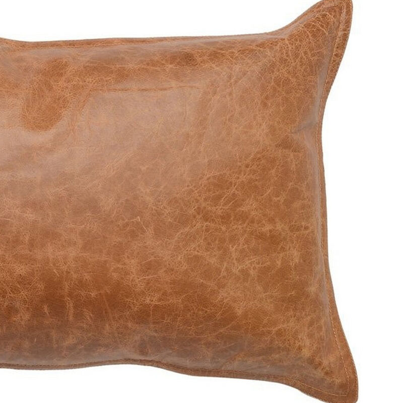 Rectangular Leatherette Throw Pillow with Stitched Details, Small, Brown - Benzara
