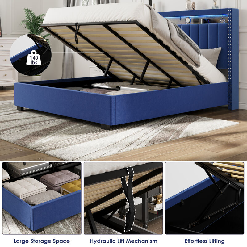 Luxury Gas Lift Storage Bed with RF LED Lights, Storage Headboard, King Size, Velvet Blue