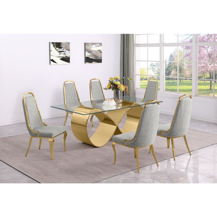 Best Quality Furniture 7Pc Tempered Glass Dining Set 6 Rich Gray Boucle Side Chairs And A Gold Base