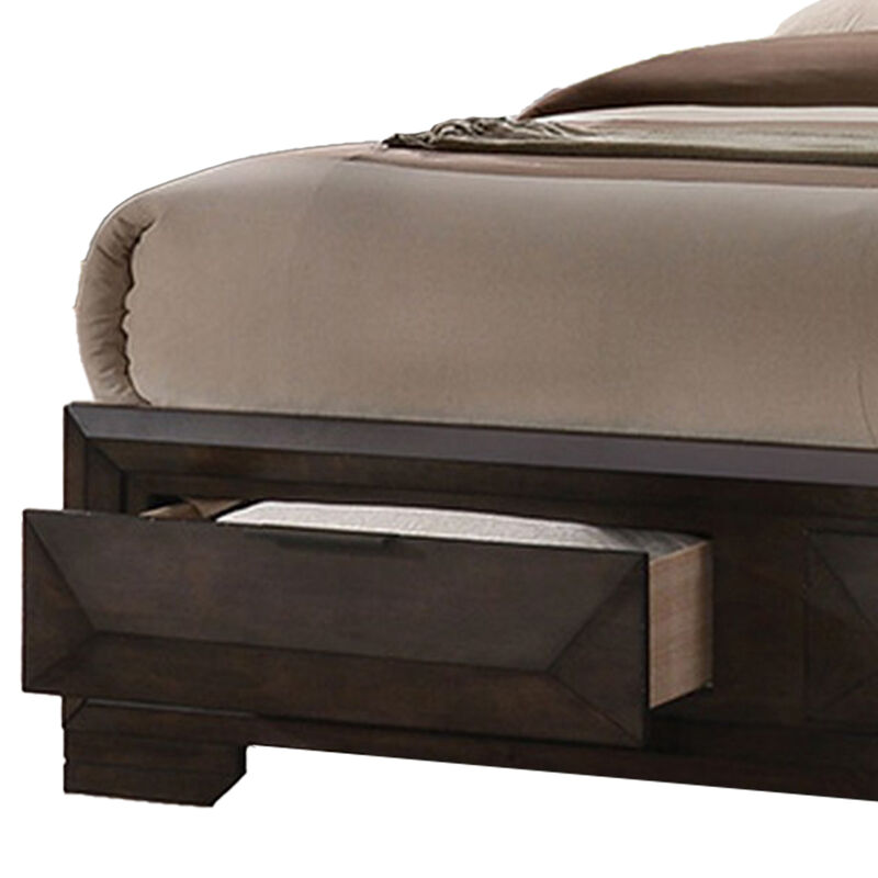 Costa Queen Bed w Bookcase Headboard, 2 Storage Drawers, Dark Brown Wood - Benzara