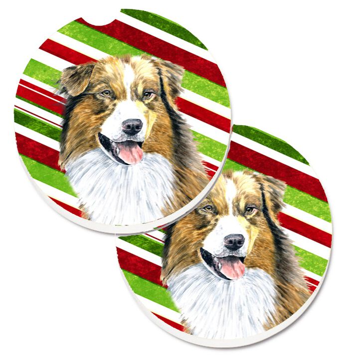 Caroline's Treasures Australian Shepherd Candy Cane Holiday Christmas Set of 2 Cup Holder Car Coasters SC9357CARC, 2.56, Multicolor