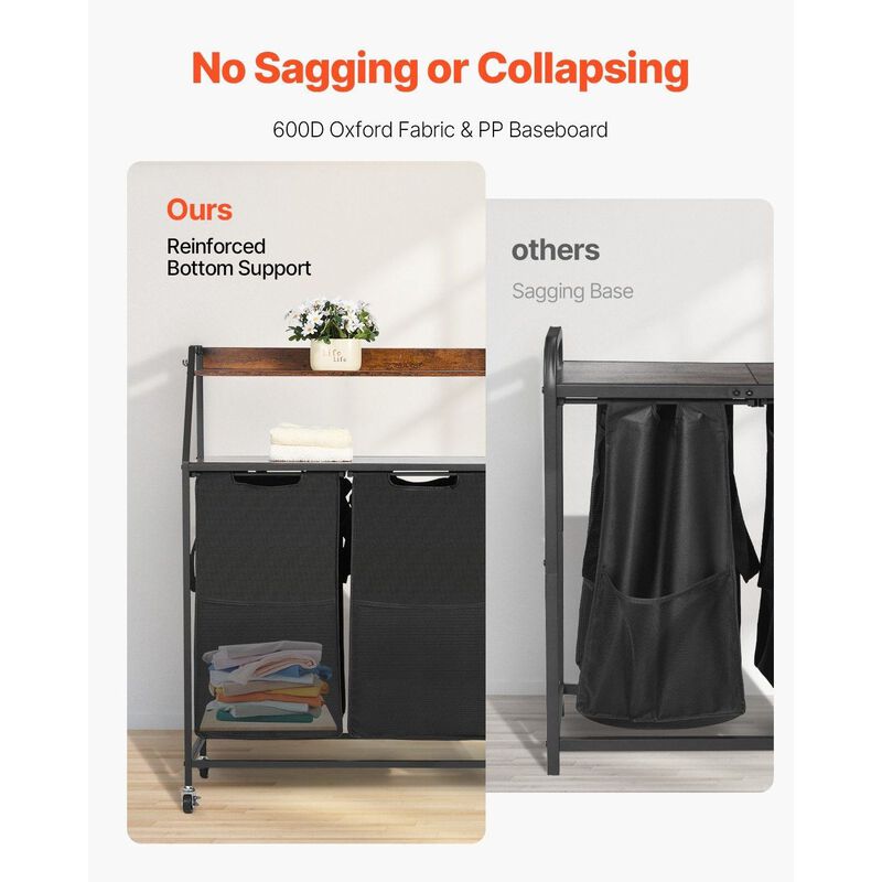 2 Section Rolling Laundry Sorter with Shelves, Oxford Cloth Bags and Wooden Top-Black image number 4