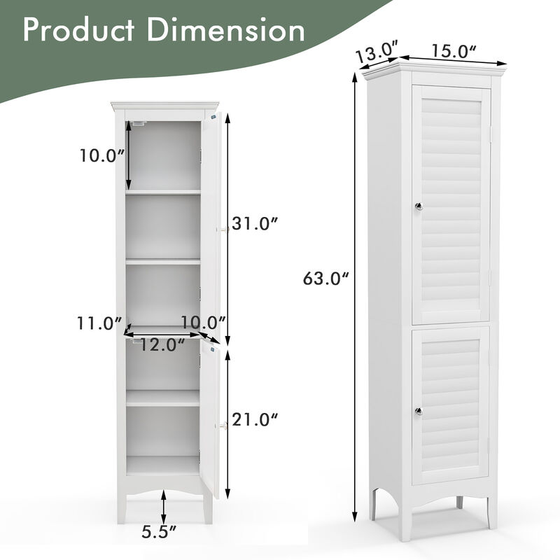 Costway Tall Bathroom Floor Cabinet Narrow Linen Tower with 2 Doors & Adjustable Shelf