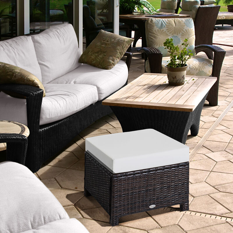 Outsunny 20" Patio Wicker Ottoman, Multipurpose Outdoor PE Rattan Footrest, Additional Seating, Side Table with Soft Cushion, Dark Brown, White