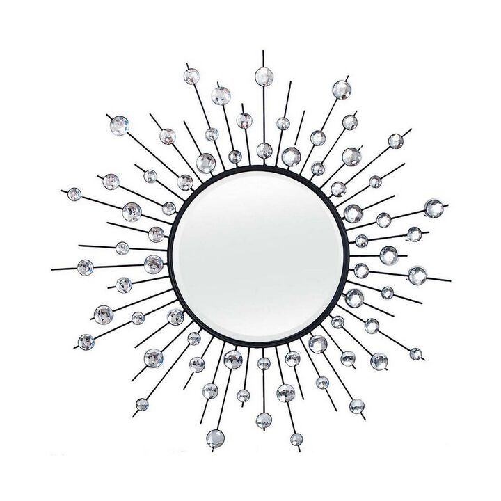 32 Inch Wall Decor, Round Mirror, Sunburst Style, Metal, Black, Silver