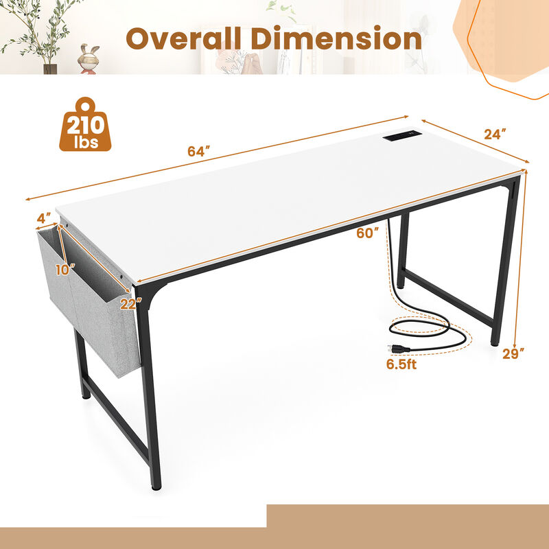 60 Inch Computer Desk with Charging Station Storage Bag