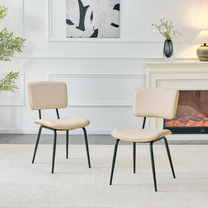 Set of 2 Dining Chairs Faux Leather Open Back Walnut Veneer Back Dining Chairs Metal Legs Leveling Feet