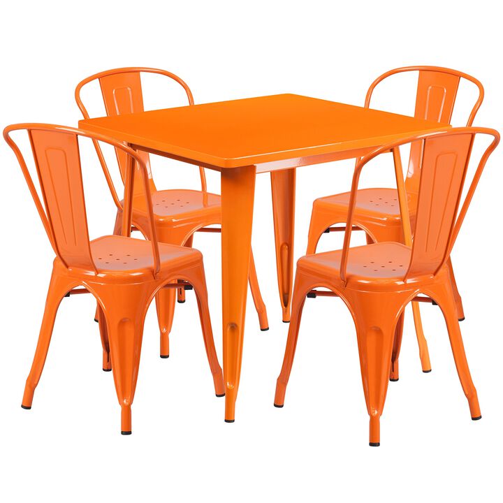 Flash Furniture Commercial Grade 31.5" Square Orange Metal Indoor-Outdoor Table Set with 4 Stack Chairs