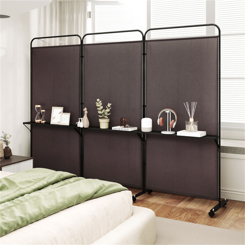 Folding Partition with 3 Panels, Lockable Wheels, and 3 Metal Shelves, Room Divider and Storage Solution