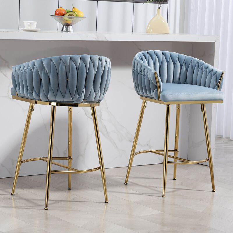 26 Inch Velvet Counter Height Bar Stool with Hand Wave Back and Golden Base for Kitchen Island image number 3