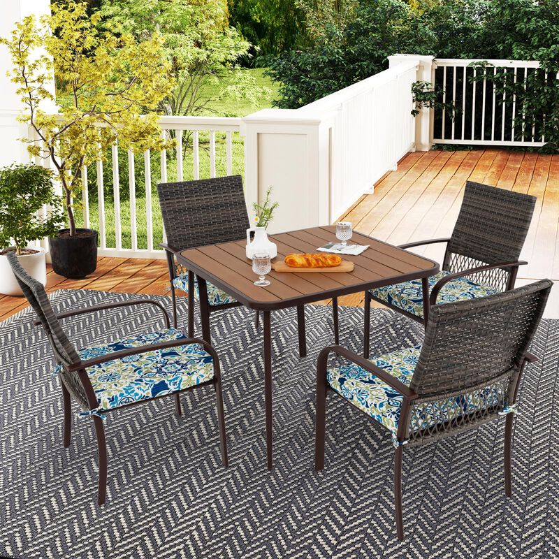 Outdoor 5-Piece Dining Set – 4 Rattan Armchairs with Cushions & Square Table