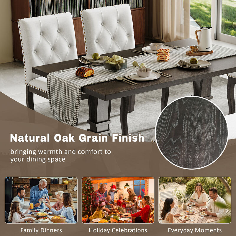 Whisen 6-Piece Dining Set with Bench, Farmhouse Natural Oak Table w/ 4 Upholstered Button Tufted Chairs, Solid Wood & MDF Kitchen Furniture image number 3