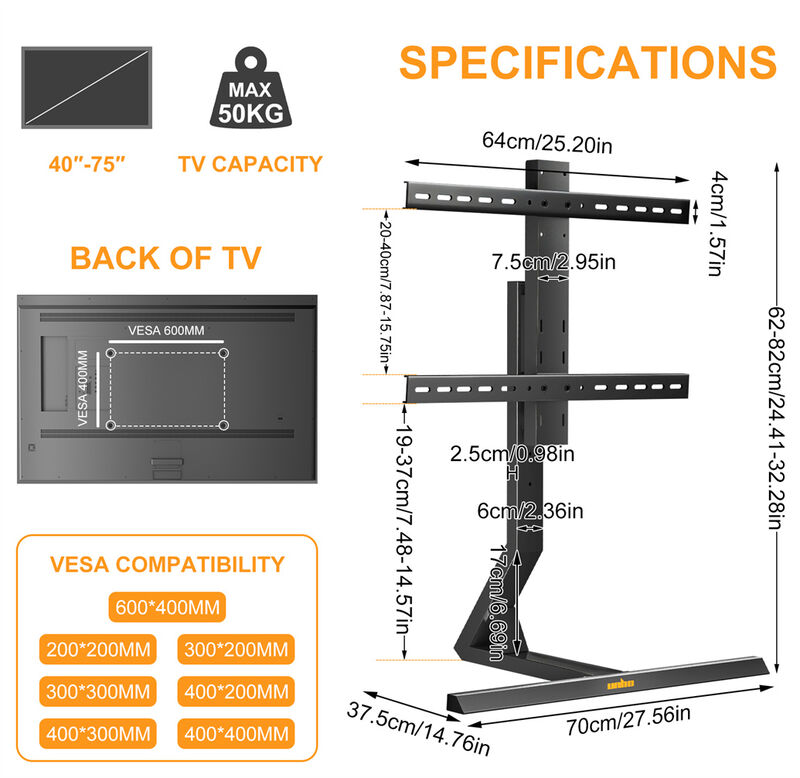 Tabletop TV Stand 40-75 Inch Swivel Height Adjustable VESA 600x400 Up To 110 Lbs image number 4