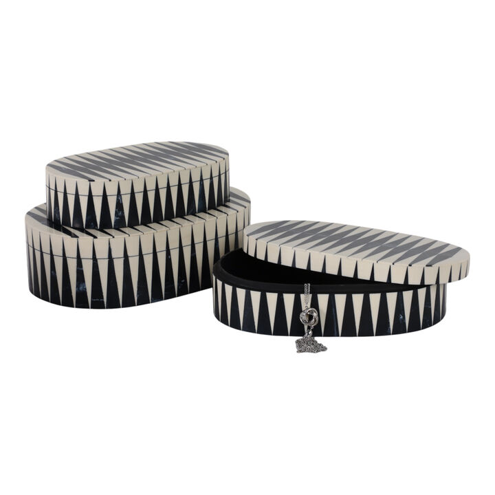 S/3 10/11/12" Oval Bold Lines Boxes, White/blue