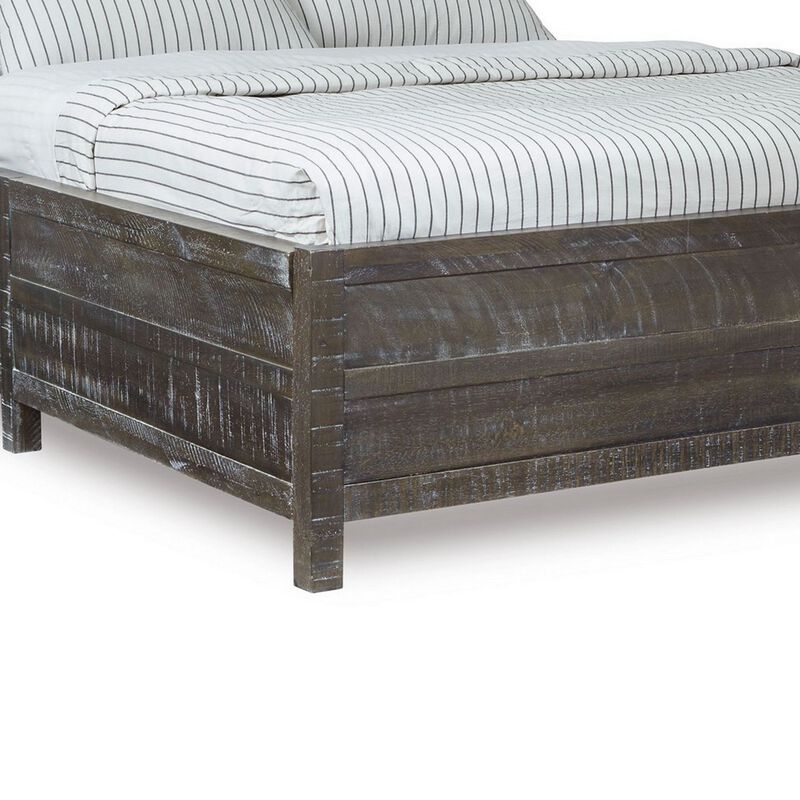 Cas California King Bed, Rustic Rough Hewn Solid Wood Planks, Dark Gray - Benzara