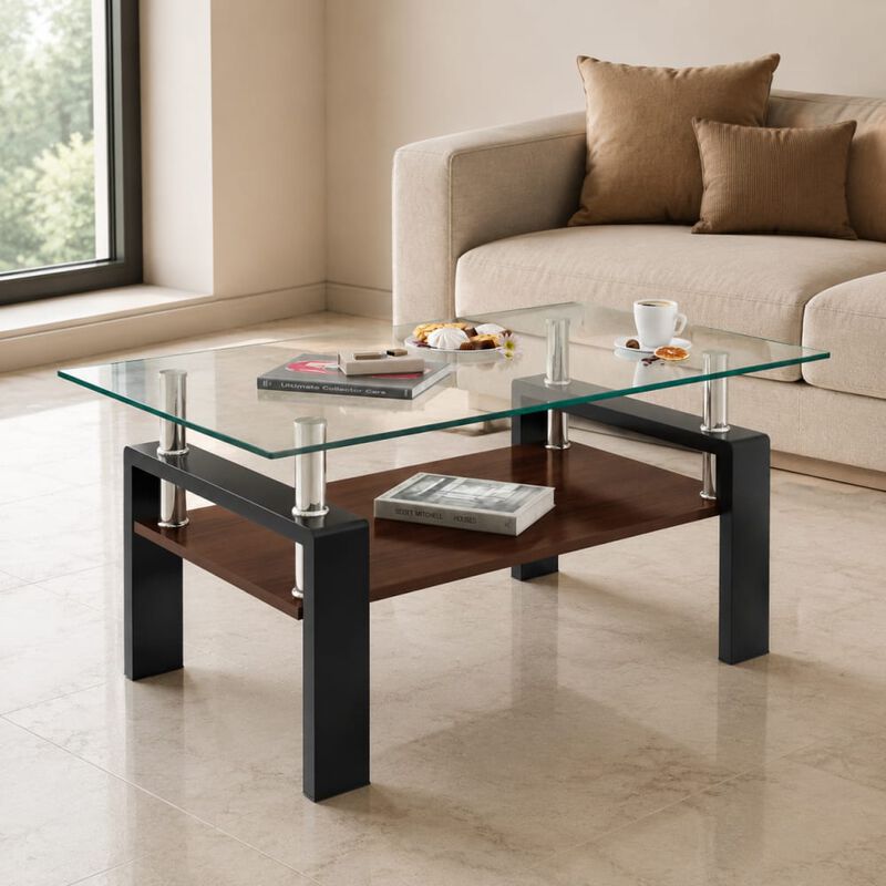 GOODSILO Modern Rectangular Coffee Table with Tempered Glass Top, Storage Shelf and Durable Metal Legs for Living Rooms image number 2