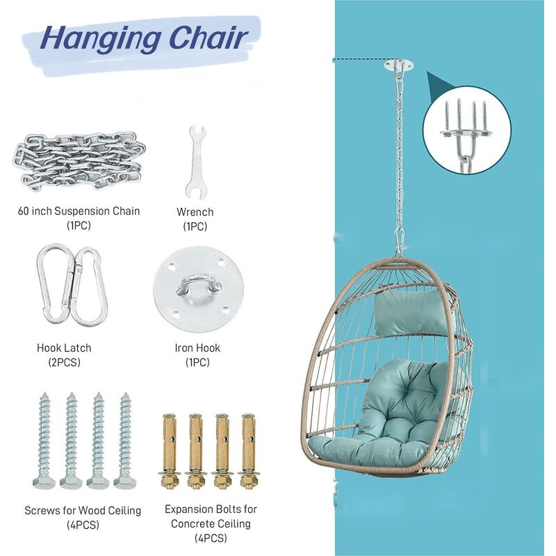Streamdale Outdoor Garden Rattan Egg Swing Chair Hanging Chair Wood+Khaki image number 8